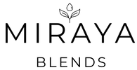 The logo for Miraya Blends, featuring a minimalist black leaf icon above the text 'MIRAYA BLENDS' in a clean sans-serif font, centered on a solid white background.