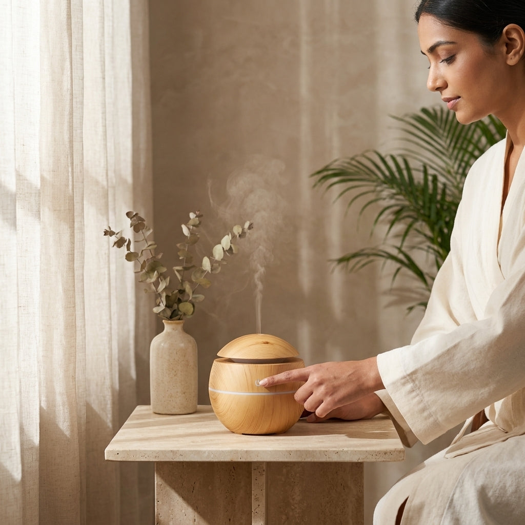 Woman using a wooden diffuser with steam in a serene room setting