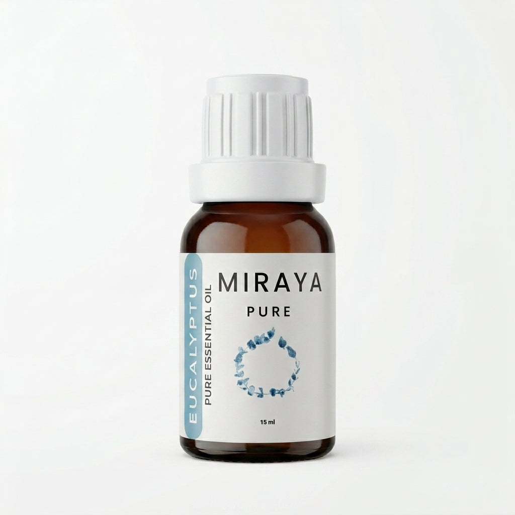 Miraya Eucalyptus pure essential oil bottle on a white background