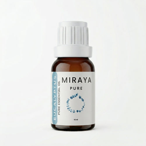 Miraya Eucalyptus pure essential oil bottle on a white background