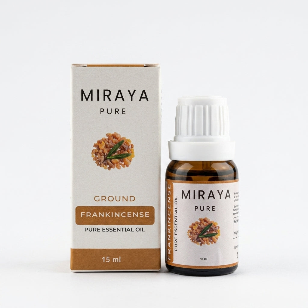 Miraya Pure Frankincense essential oil bottle and packaging on a white background