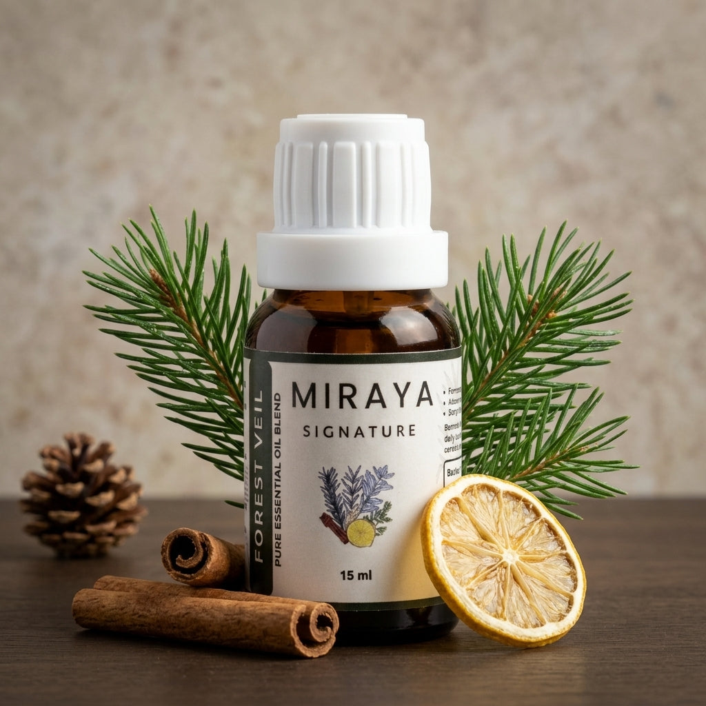 Miraya essential oil bottle with pine branches, cinnamon sticks, and a lemon slice on a wooden surface.