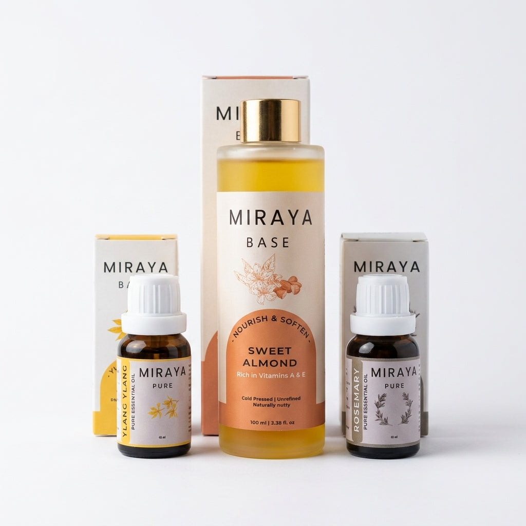 Miraya skincare products including a large bottle, two smaller bottles, and a box on a white background