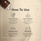 Instructions on how to use essential oils for hair, skin, massage, and bath treatments on a beige background.