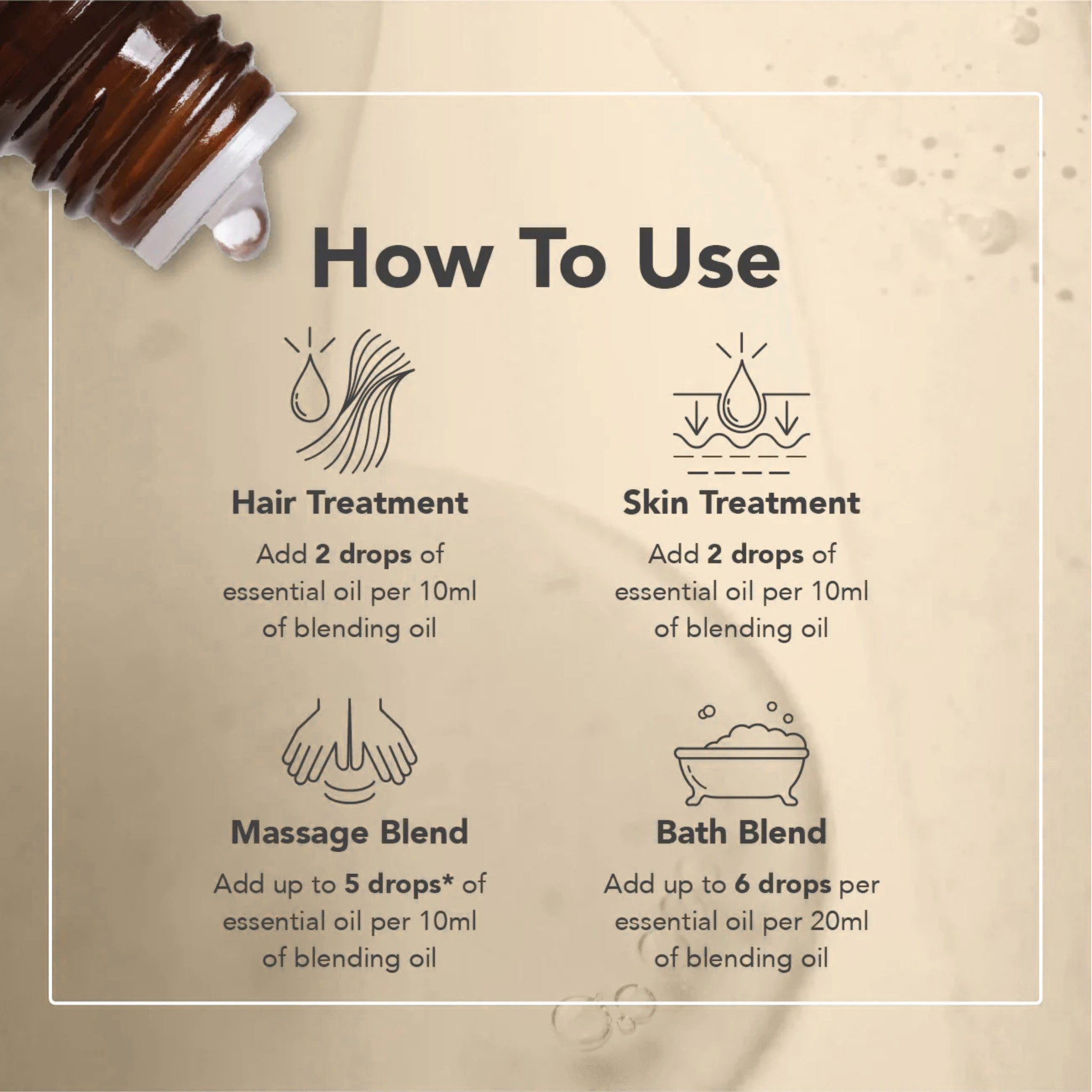 Instructions on how to use essential oils for hair, skin, massage, and bath treatments on a beige background.
