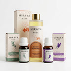 Miraya essential oil products including bottles and boxes on a white background