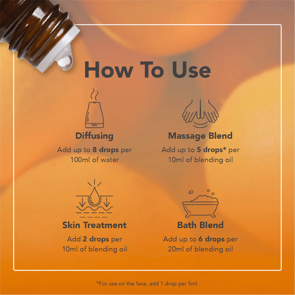 Instructions on how to use an essential oil bottle with diffusing, massage blend, skin treatment, and bath blend methods on an orange background.