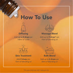 Instructions on how to use an essential oil bottle with diffusing, massage blend, skin treatment, and bath blend methods on an orange background.