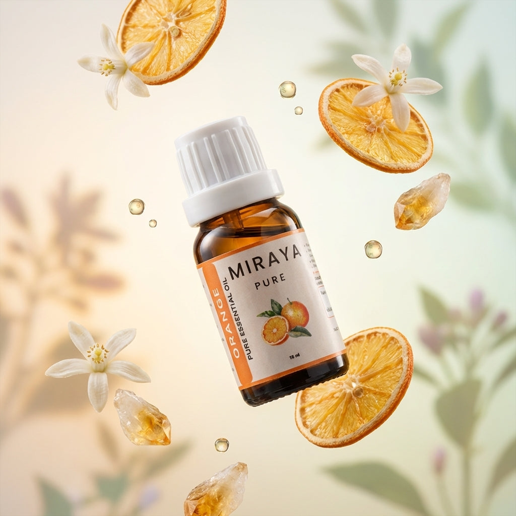 Miraya Pure essential oil bottle with orange slices and flowers on a light background
