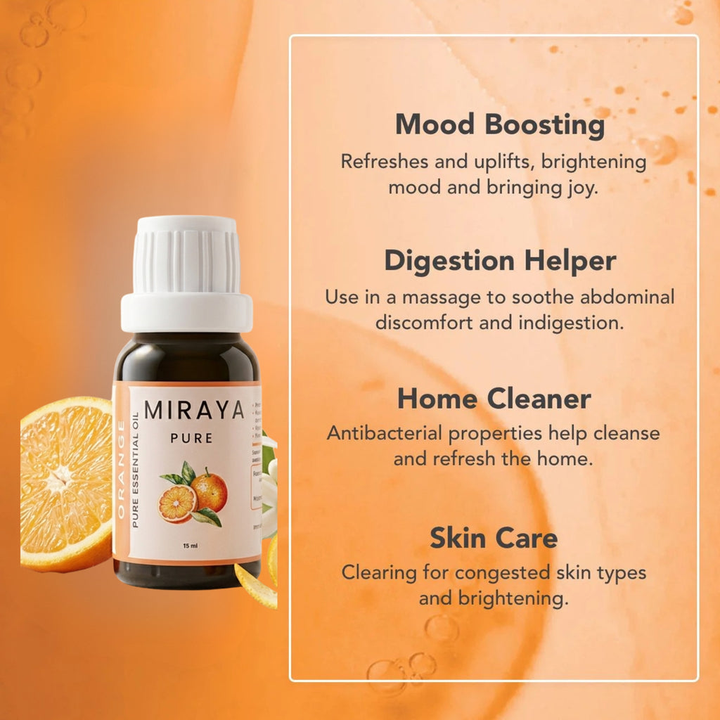 Miraya Pure essential oil bottle with orange slices on an orange background