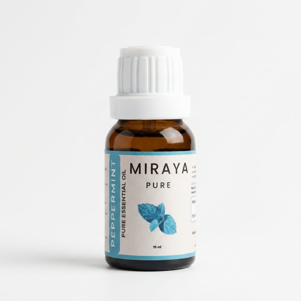 Miraya peppermint pure essential oil bottle on a white background