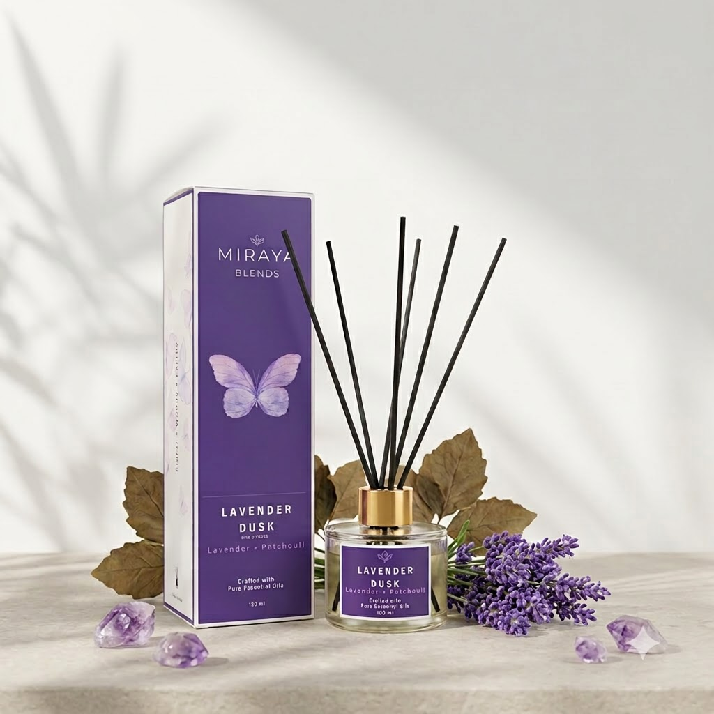 Miraya Blends Lavender Dusk reed diffuser set with a glass bottle, black reeds, purple label, and matching product box, styled with lavender sprigs, leaves, and purple crystals on a light surface.