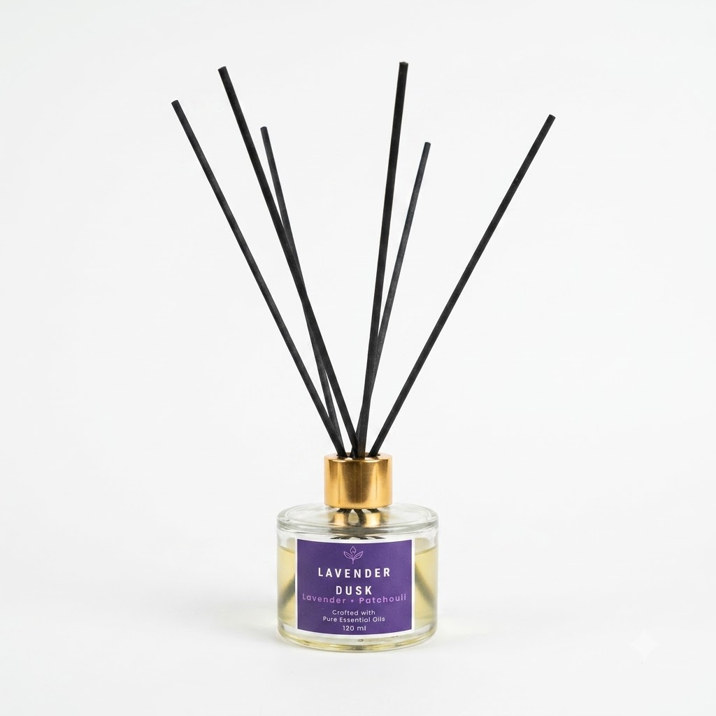 Lavender Dusk reed diffuser with a clear glass bottle, purple label, and black reeds with a gold cap, on a white background.