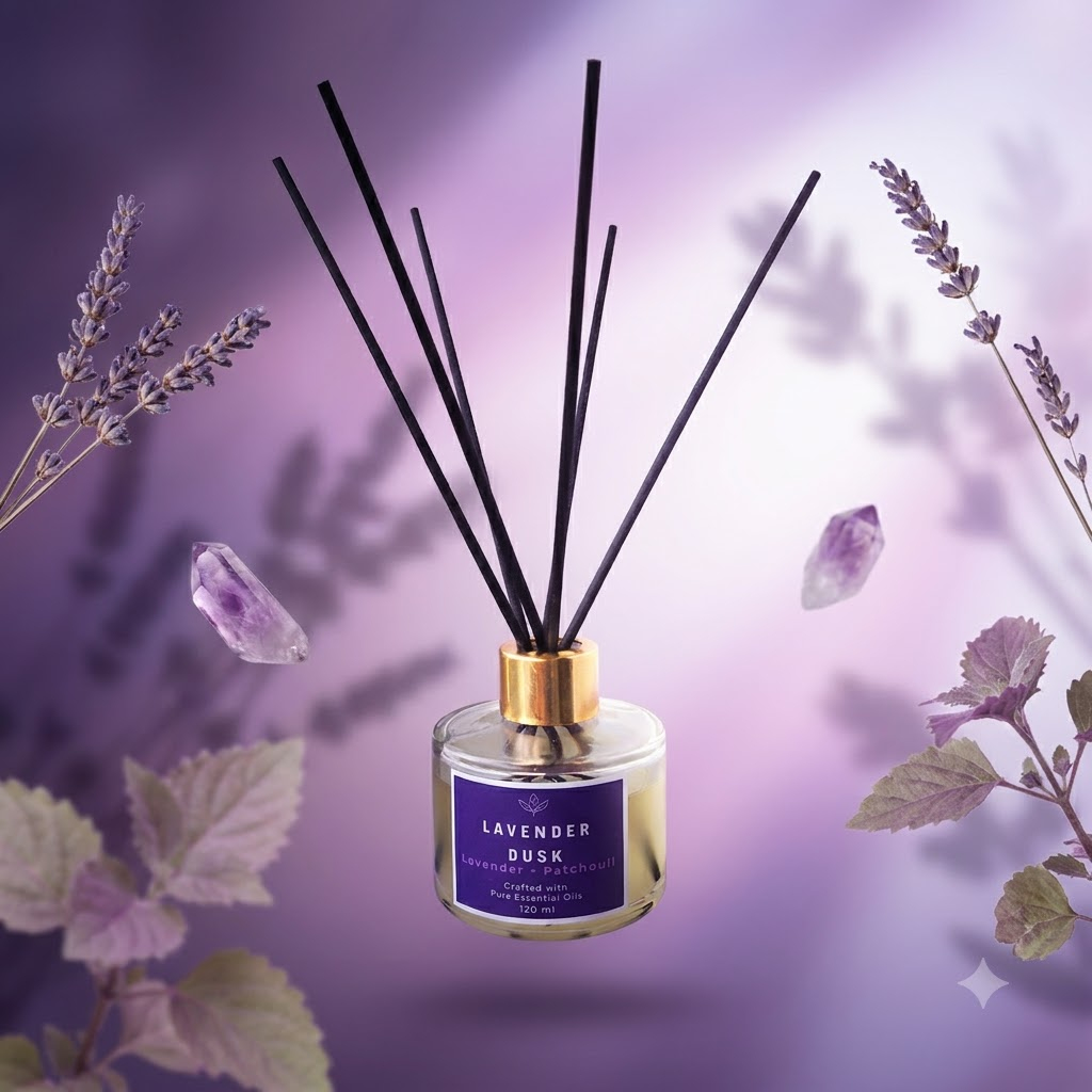 Lavender Dusk reed diffuser bottle with black reeds and a gold cap, surrounded by lavender sprigs, leaves, and purple crystal elements on a purple gradient background.