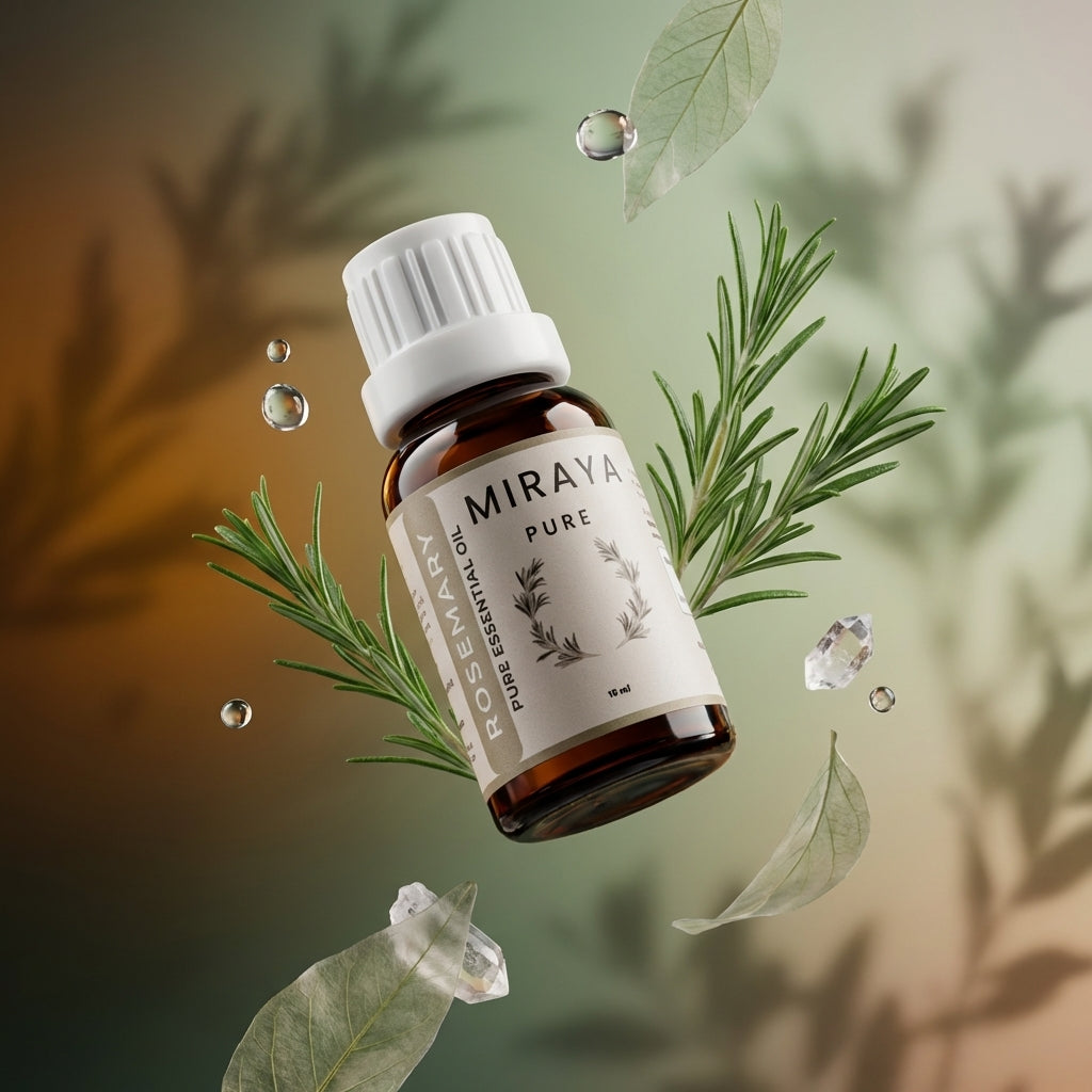 Miraya essential oil bottle with rosemary leaves on a blurred natural background