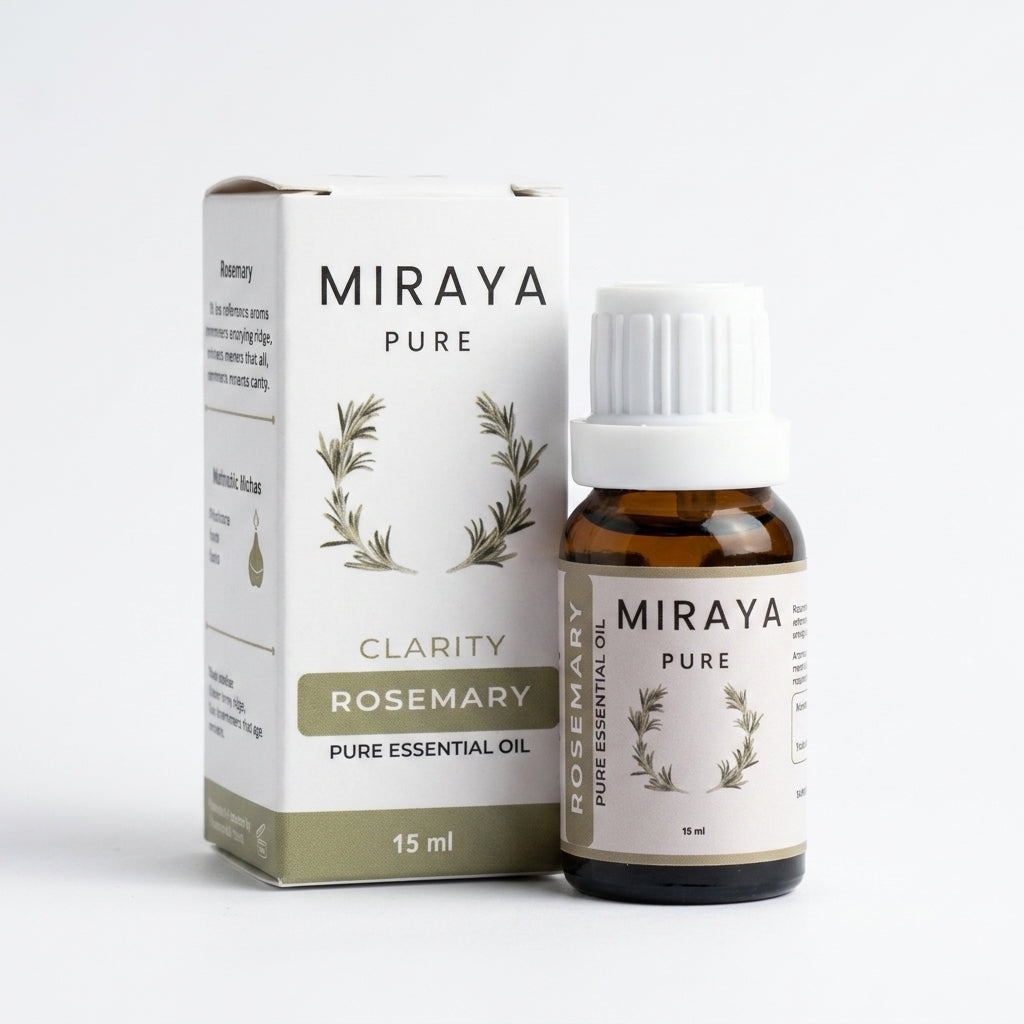 Miraya Pure Rosemary essential oil bottle and packaging on a white background