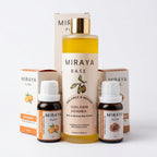Miraya skincare and wellness products including a bottle, boxes, and small bottles on a white background