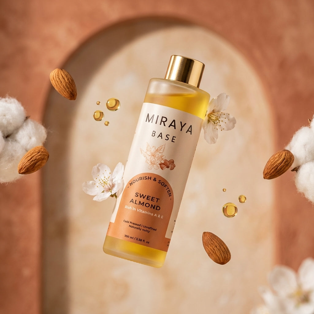 Miraya Sweet Almond oil bottle with almonds and flowers on a warm background
