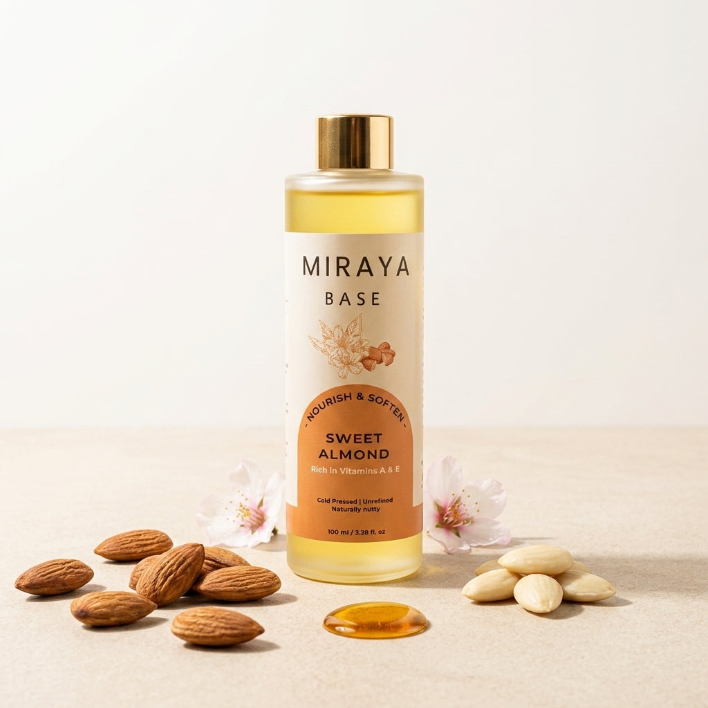 Bottle of Miraya Sweet Almond Oil with almonds and flowers on a light background