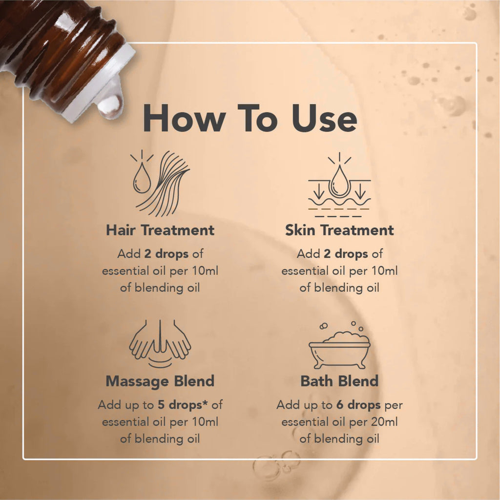 Instructions on how to use essential oils for hair, skin, massage, and bath treatments on a beige background.
