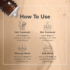 Instructions on how to use essential oils for hair, skin, massage, and bath treatments on a beige background.