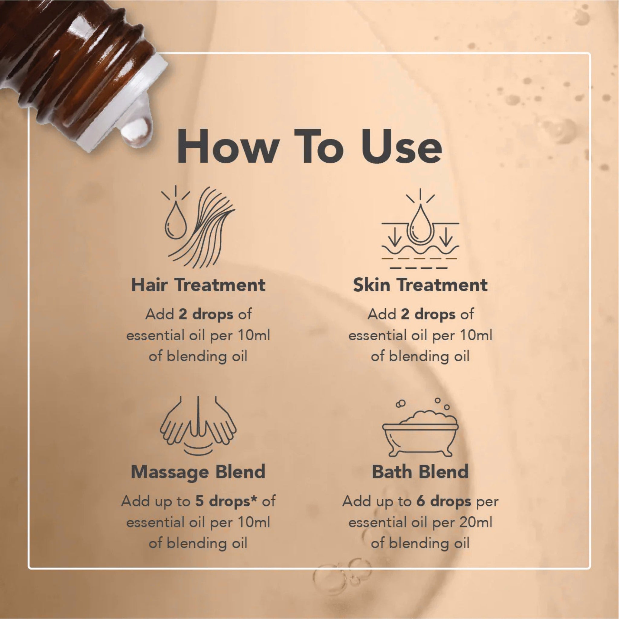 Instructions on how to use essential oils for hair, skin, massage, and bath treatments on a beige background.