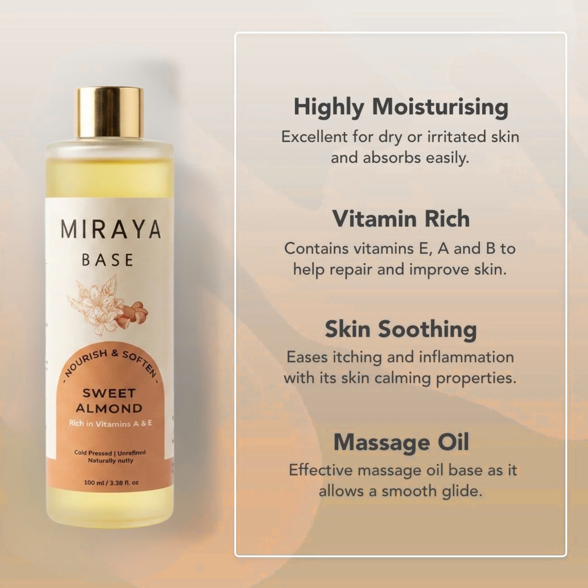 Miraya Base Sweet Almond massage oil bottle with product features on a beige background