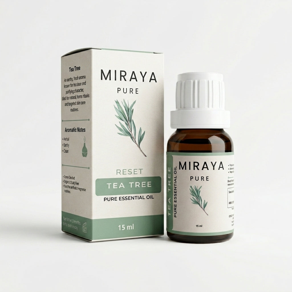 Miraya Pure Tea Tree essential oil bottle and packaging on a white background