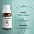 Miraya Pure essential oil bottle with uses listed on a green background