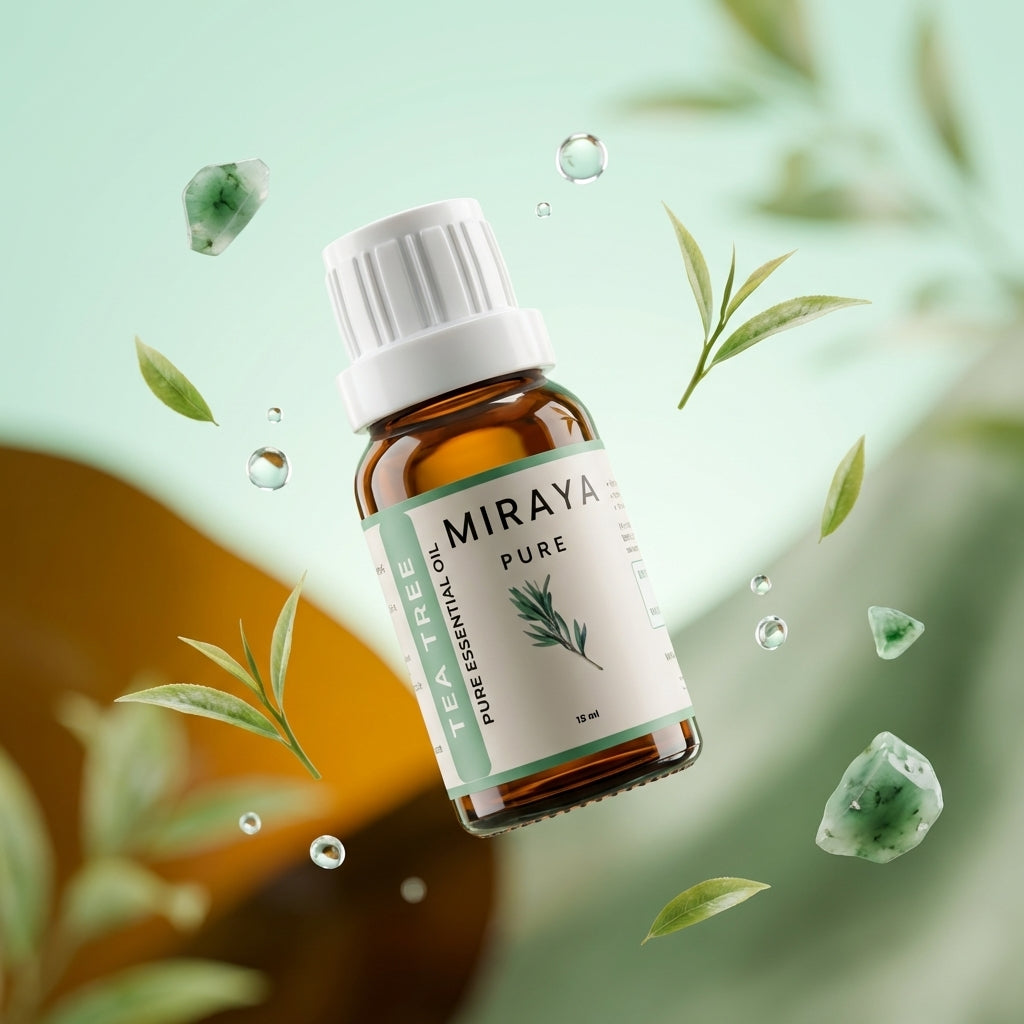 Miraya pure essential oil bottle with leaves and droplets on a green background