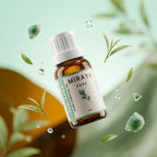 Miraya pure essential oil bottle with leaves and droplets on a green background