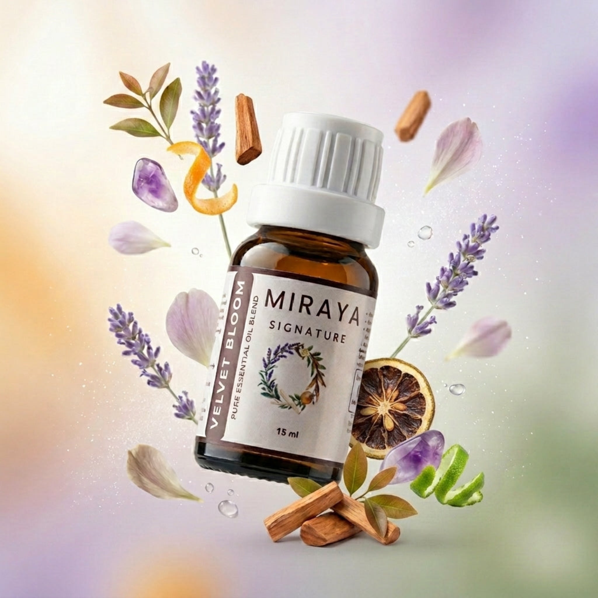 Miraya Signature essential oil bottle with floral and natural elements on a soft background
