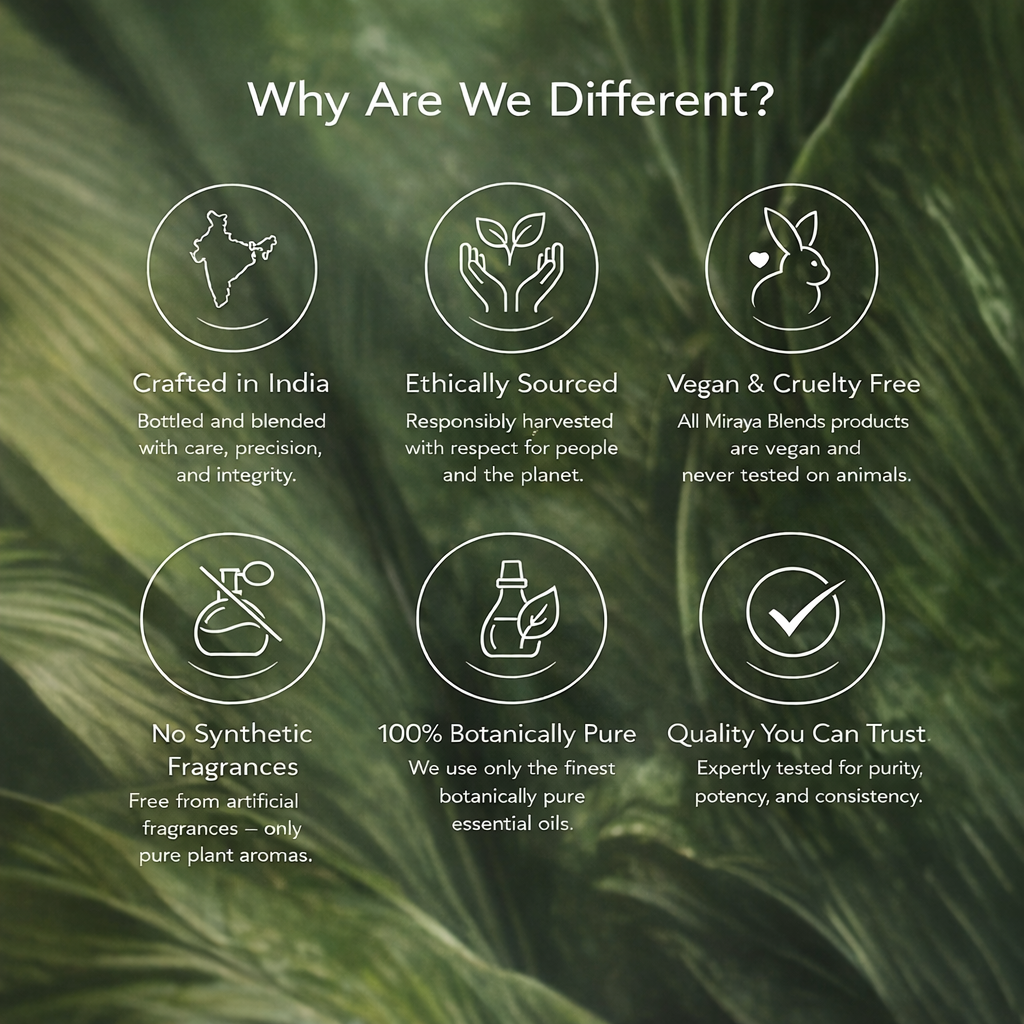 Green leafy background with icons and text explaining product differentiators.