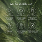 Green leafy background with icons and text explaining product differentiators.