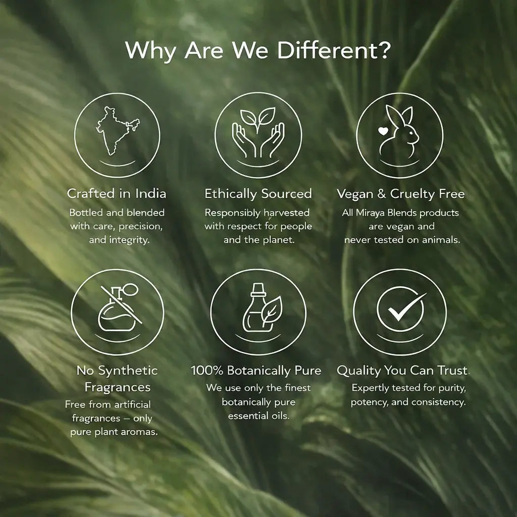 Green leafy background with icons and text explaining product differentiators.