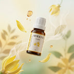 Miraya essential oil bottle with yellow flowers and leaves on a light background