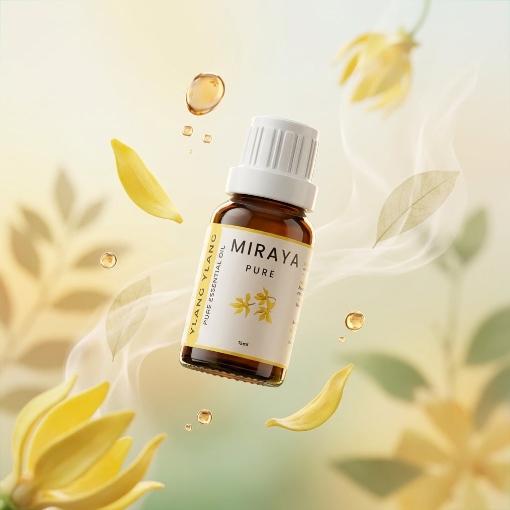 Miraya essential oil bottle with yellow flowers and leaves on a light background