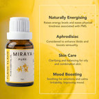 Miraya Pure essential oil bottle with的功效 text on a yellow background