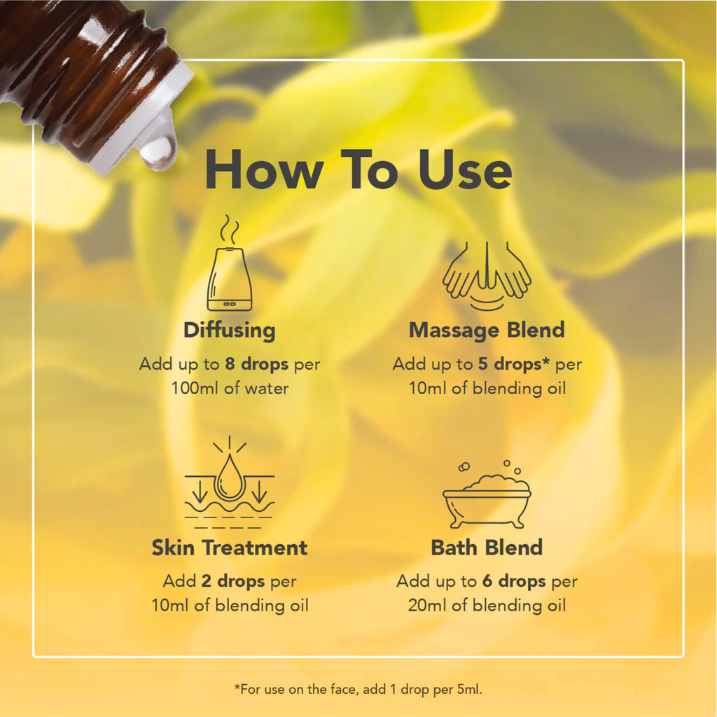 Instructions on how to use essential oil with a blurred background of yellow flowers.