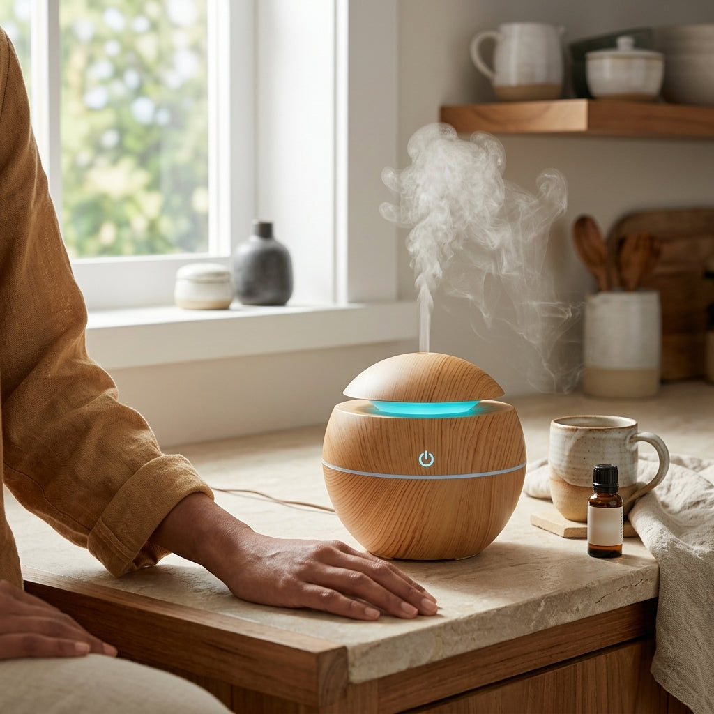 Wooden diffuser on a windowsill with steam rising, surrounded by home decor items.