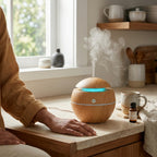 Wooden diffuser on a windowsill with steam rising, surrounded by home decor items.