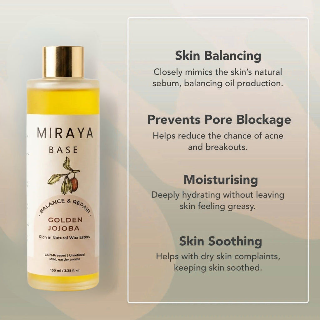 Miraya Base Golden Jojoba bottle with product features on a light background