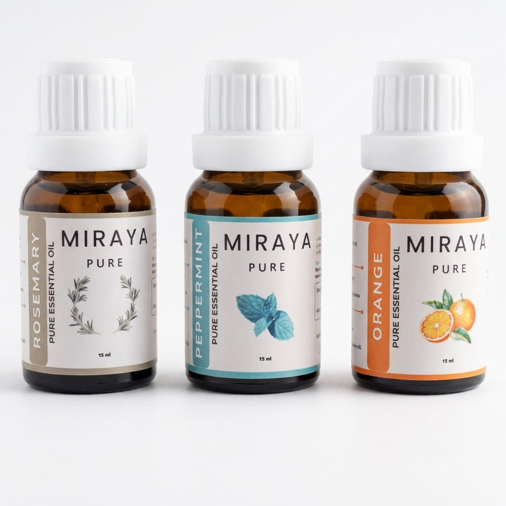 Three Miraya pure essential oil bottles on a white background